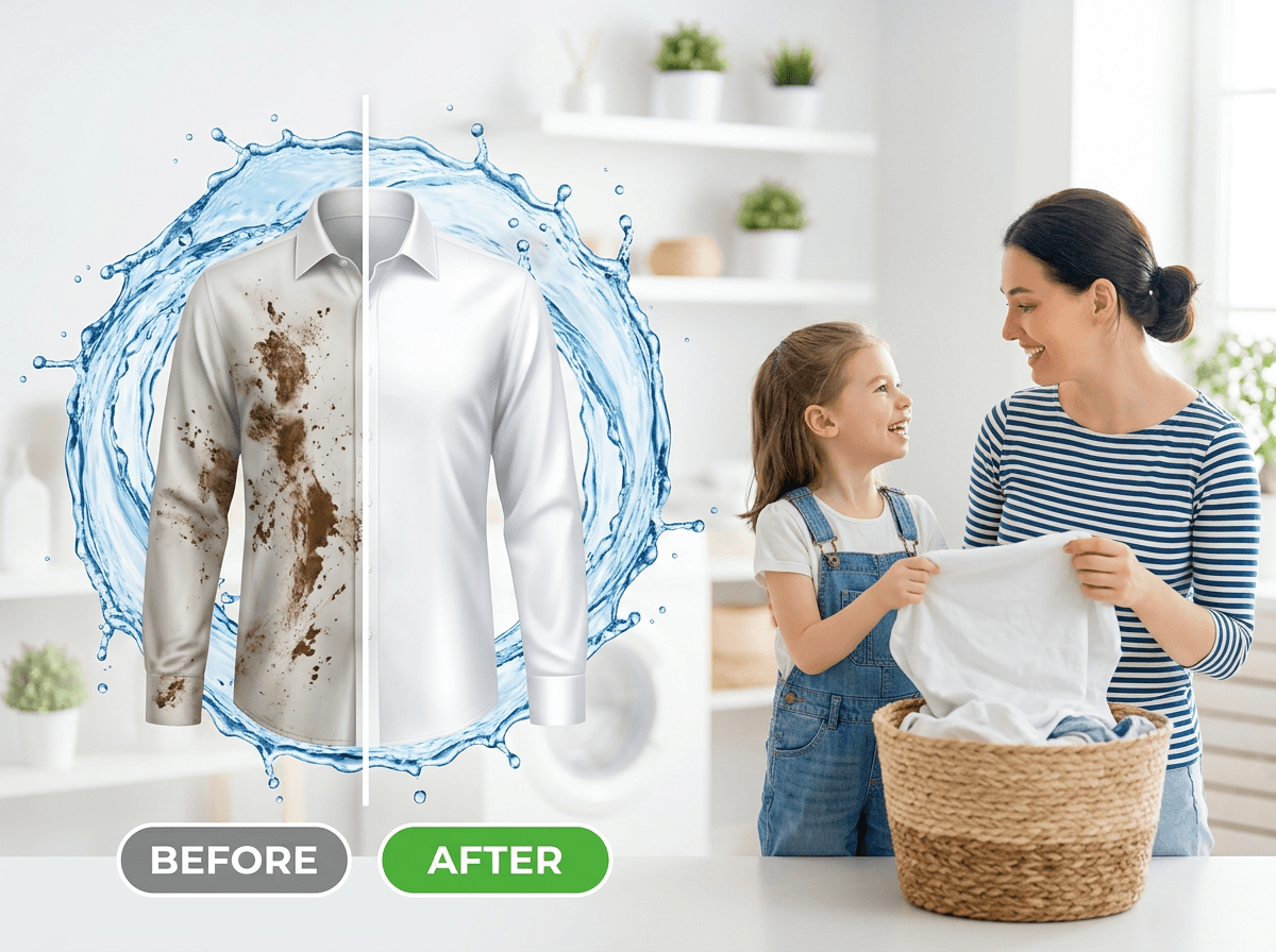 VAT before and after stain removal — tough stains out, fabrics protected